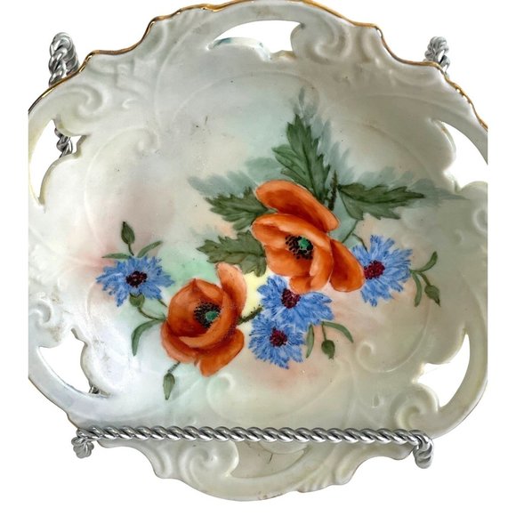 Poppy Bowl Dish Lattice Cut Out Ceramic Plate Vintage Hand Painted Signed 7.5 - Picture 2 of 5